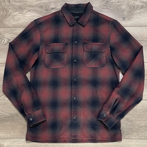 All Saints Sherwood Plaid Long Sleeve Button Down Flannel Shirt Red Black XS - Picture 1 of 12